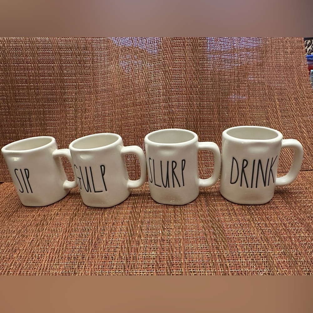 Rae Dunn White Ceramic Expresso 'Sip Gulp Slurp Drink' Set of 4 Mugs NWT